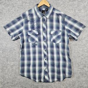 J. Ferrar Modern Fit Pearl Snap Size XL Blue & White Plaid Embroidered Shirt‎